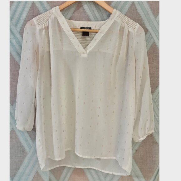 Flowy White and Gold Detail V Neck Blouse- Ann Taylor - Picture 1 of 5